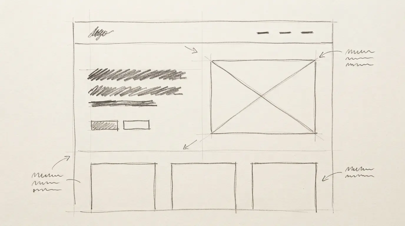 Esbós a llapis de l'estructura d'una web en un full de paper.