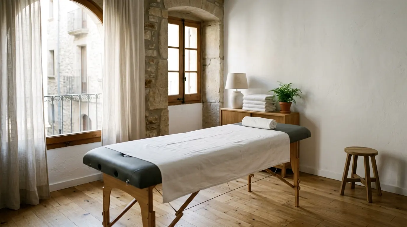 La sala de un centro de fisioterapia, limpia y tranquila, con la camilla preparada.