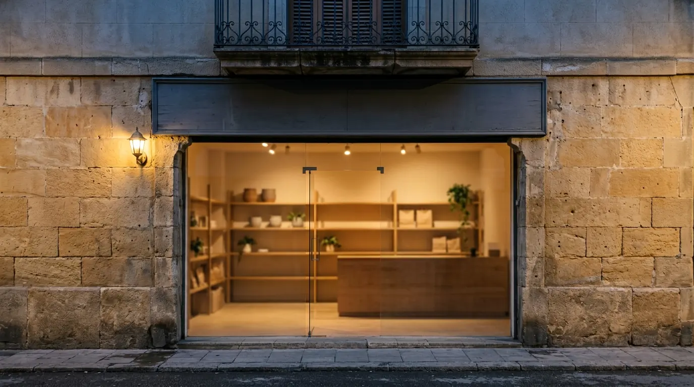 Una tienda de barrio abierta, por la mañana, con las luces encendidas.
