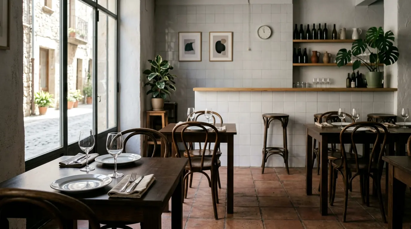 La sala d'un restaurant de barri a punt d'obrir, amb les taules parades.